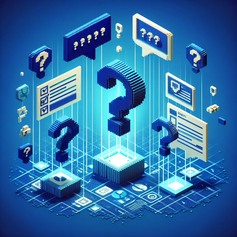 3D voxel art depicting online surveys, symbolizing cd mapping survey questions on a dark blue background.