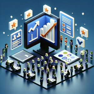 3D voxel art illustrating online employee performance evaluation surveys on a dark blue background.