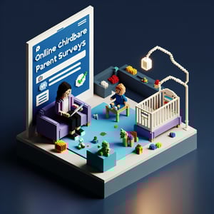 3D voxel art depicting the concept of online childcare parent surveys on a dark blue background.
