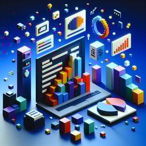 3D voxel art depicting the concept of online surveys and questions on a dark blue background.
