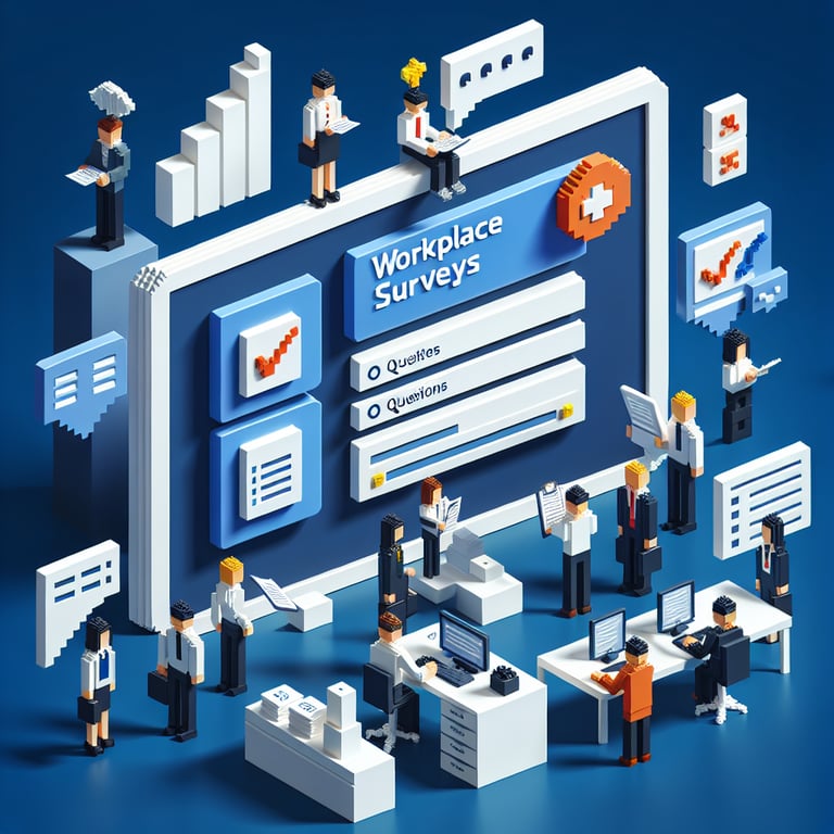 3D voxel art depicting online workplace surveys against a dark blue background.
