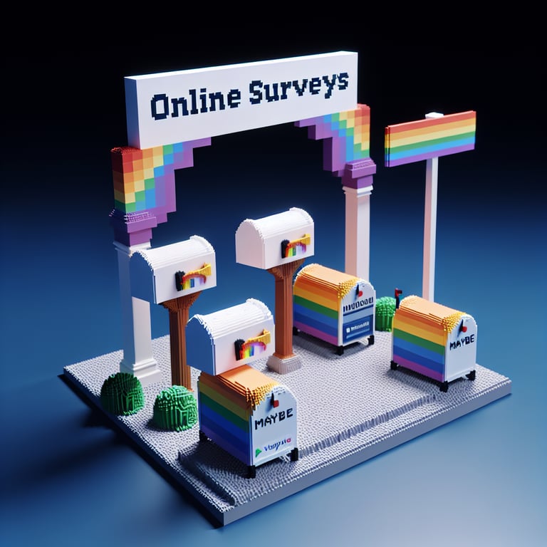3D voxel illustration of questionnaire forms and equality symbols for a same-sex marriage ballot