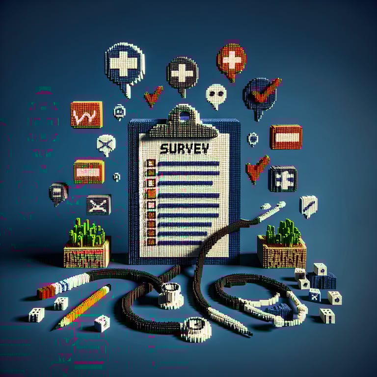 3D voxel art depicting online surveys for a doctors office with a dark blue background.
