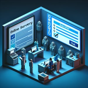 3D voxel art depicting online drug addiction surveys, with a dark blue background.