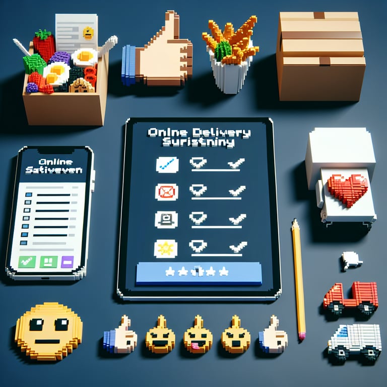 3D voxel art depicting online delivery customer satisfaction survey process on a dark blue background.