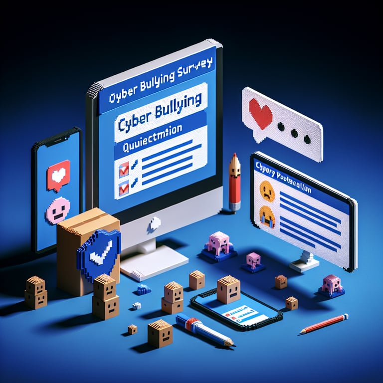 3D voxel art depicting online surveys on a dark blue background, symbolizing cyber bullying surveys.