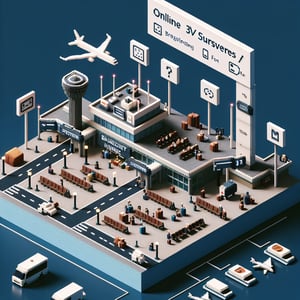 3D voxel art featuring elements related to airport surveys on a dark blue background.