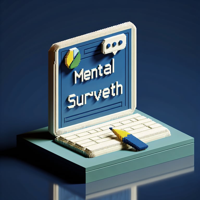 3D voxel art depicting online mental health survey concept on a dark blue background.