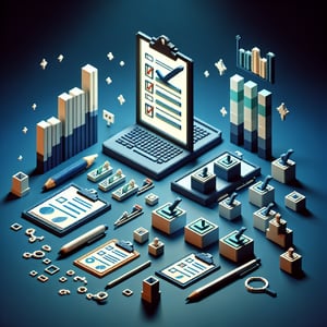 3D voxel art depicting the concept of online business surveys on a dark blue background.