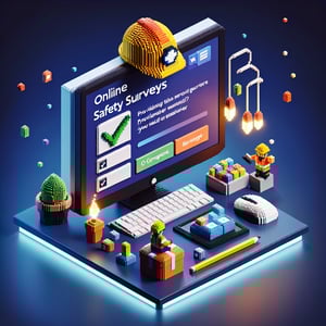 3D voxel art depicting online employee safety surveys on a dark blue background.