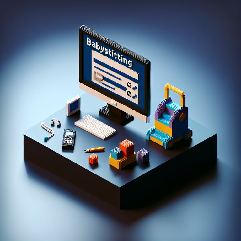 3D voxel art depicting online babysitting surveys with a dark blue background.