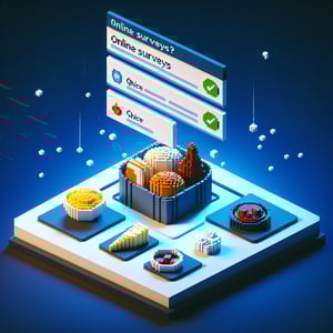3D voxel art depicting online food choice surveys with a dark blue background.