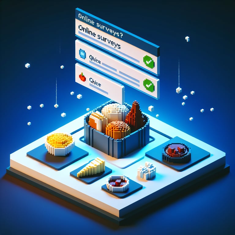 Artistic 3D voxel illustration of digital food preference survey polling