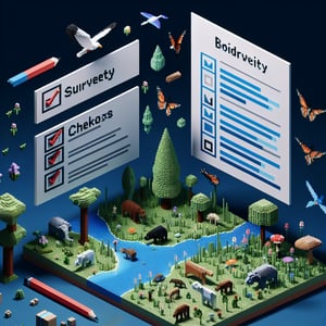 3D voxel art representing online biodiversity surveys, with a dark blue background.