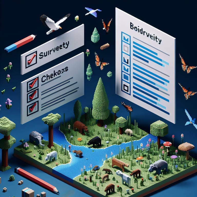 3D voxel art representing online biodiversity surveys, with a dark blue background.