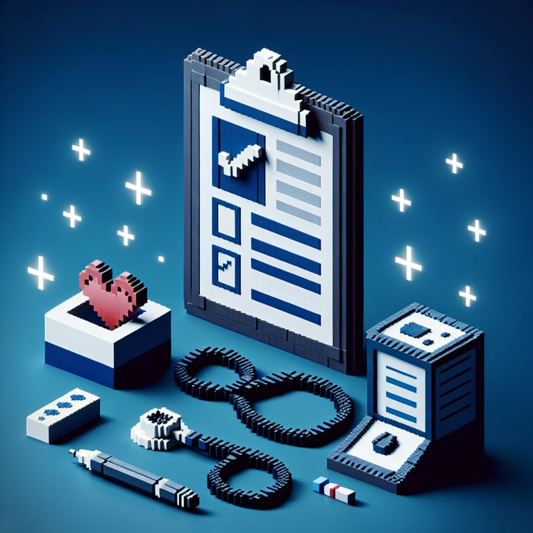 3D voxel art depicting online health survey concept on a dark blue background.