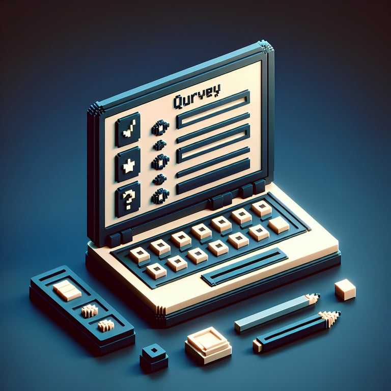 3D voxel art depicting online service feedback surveys on a dark blue background.