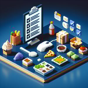 3D voxel art depicting online food survey concept on a dark blue background.
