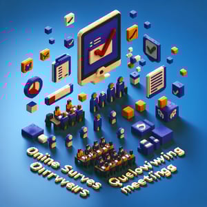 3D voxel art depicting the concept of post-meeting online surveys on a dark blue background.