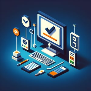 3D voxel art depicting online beta surveys with a dark blue background.