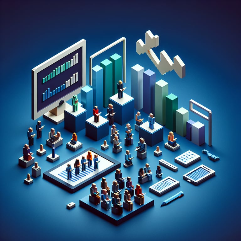 3D voxel art depicting online surveys on a dark blue background, symbolizing current population surveys.