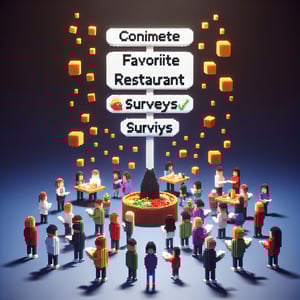 3D voxel art depicting online restaurant survey concept on a dark blue background.