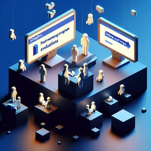 3D voxel art depicting online post mentoring program surveys on a dark blue background.
