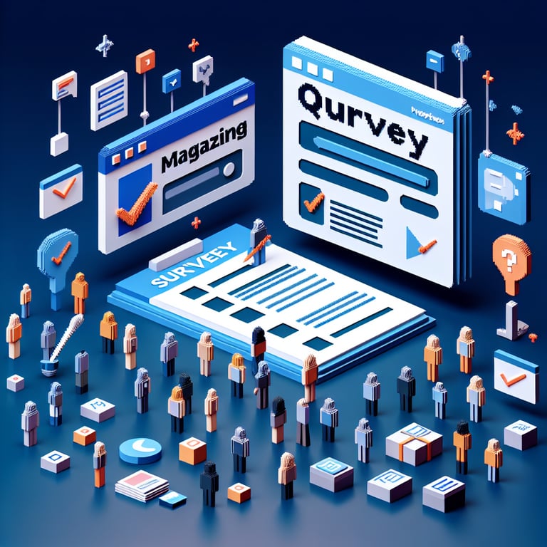 3D voxel art depicting online magazine survey process on a dark blue background.