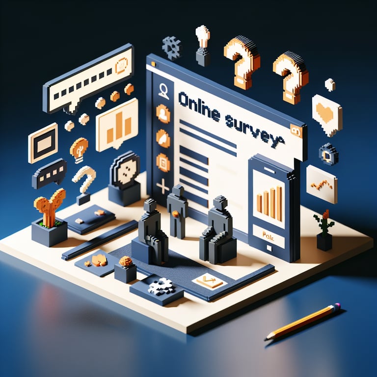 3D voxel art depicting the concept of online mental health survey questions on a dark blue background.