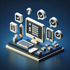 3D voxel art depicting online surveys with a dark blue background, symbolizing program evaluation.