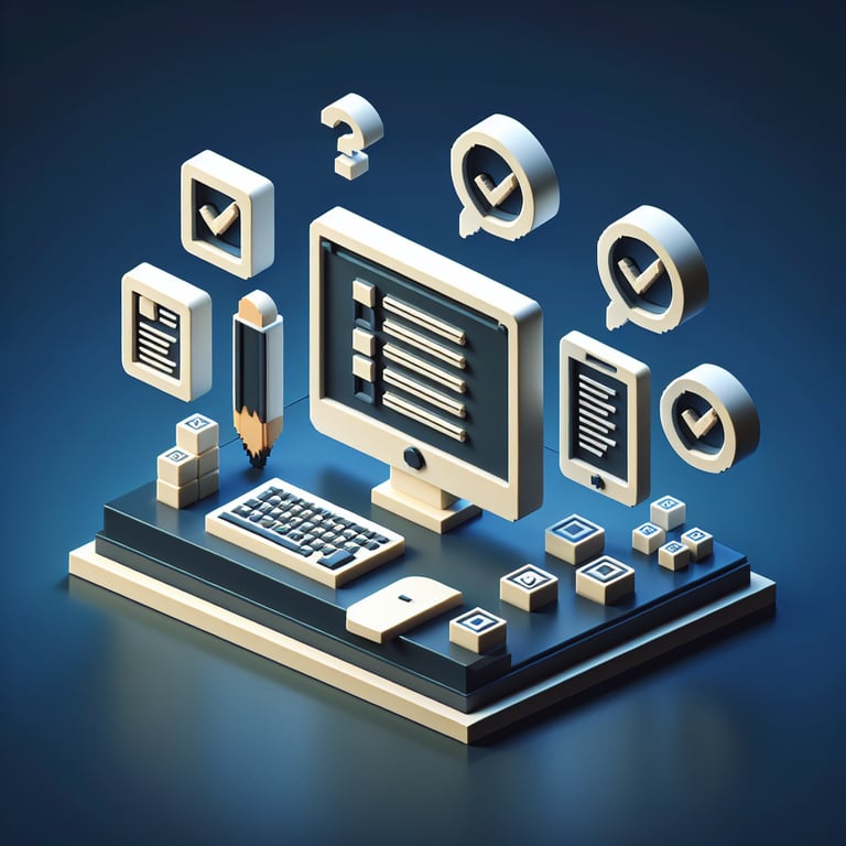3D voxel art depicting online surveys with a dark blue background, symbolizing program evaluation.