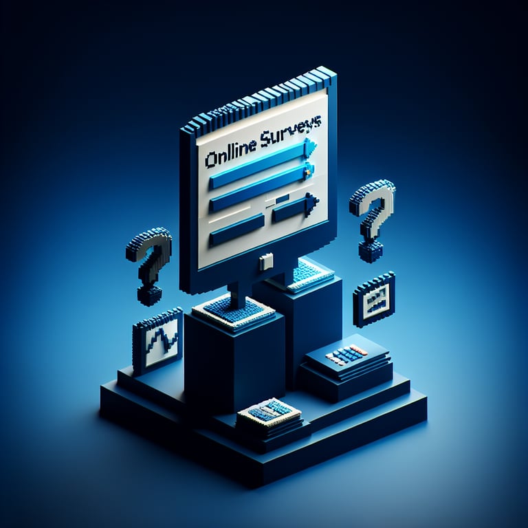 3D voxel art depicting online surveys, symbolizing AP statistics survey questions on a dark blue background.