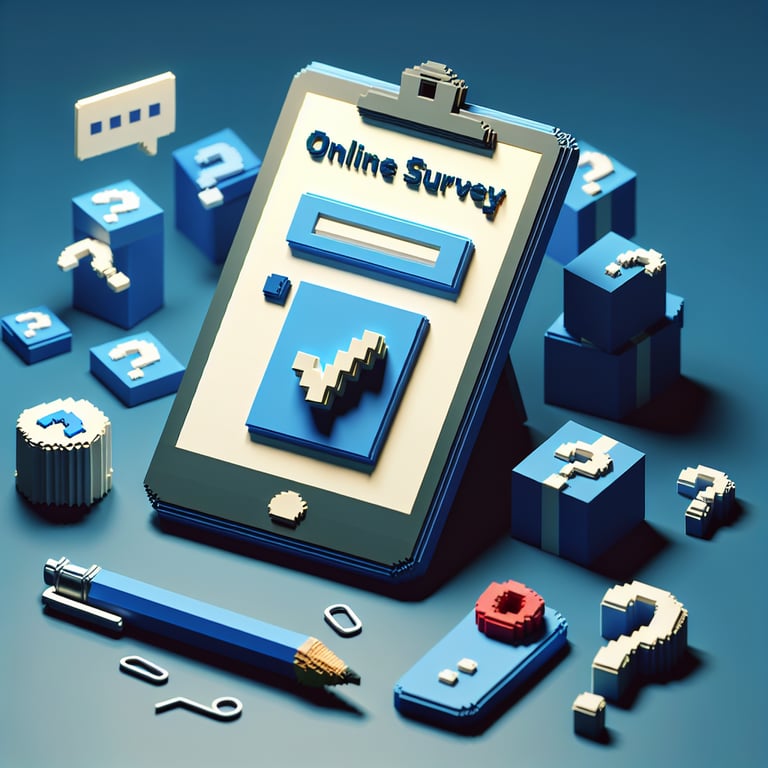 3D voxel art depicting the concept of online survey question quantity, set against a dark blue background.