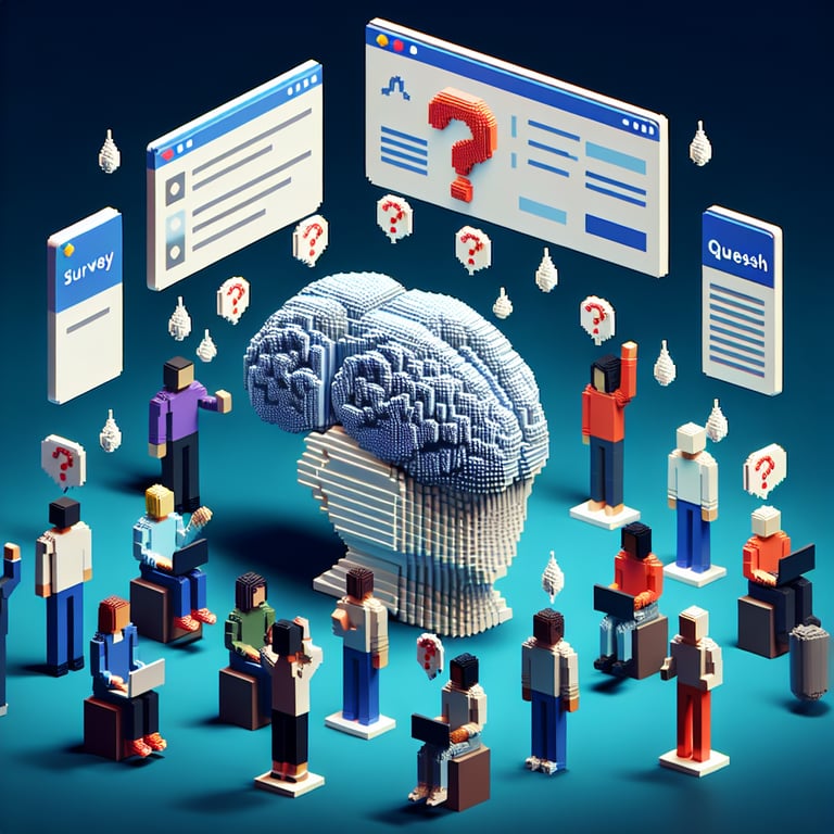 3D voxel art representing online stress surveys on a dark blue background.