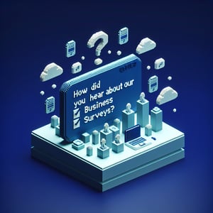 3D voxel art depicting online surveys, set against a dark blue background, symbolizing business inquiry methods.