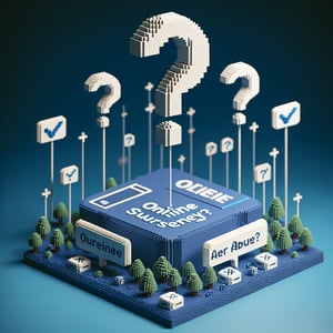 3D voxel art depicting online elder abuse survey concept on a dark blue background.