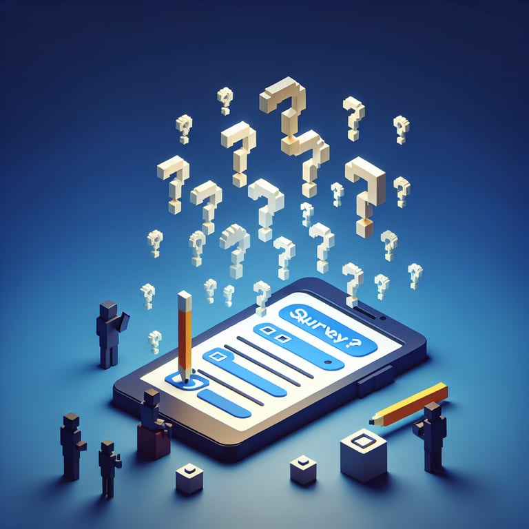 3D voxel art depicting the concept of online client surveys on a dark blue background.