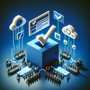 3D voxel art depicting online meeting surveys with a dark blue background.