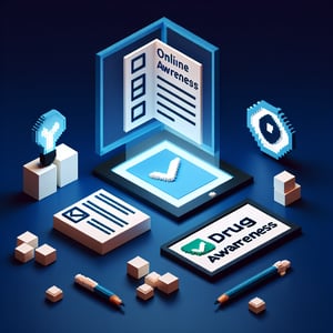 3D voxel art depicting online drug awareness survey concept on a dark blue background.