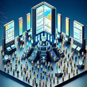 3D voxel art depicting online behavior change surveys on a dark blue background.