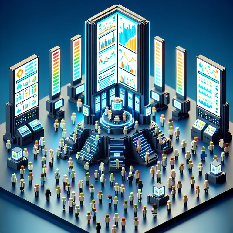 3D voxel art of a digital behavior shift survey landscape