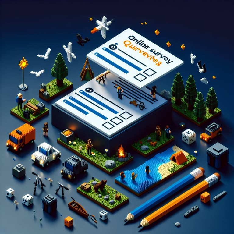 3D voxel art depicting online outdoor activities survey, set against a dark blue background.