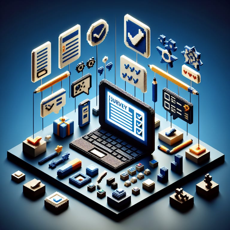 3D voxel art illustrating the concept of online extracurricular survey questions on a dark blue background.
