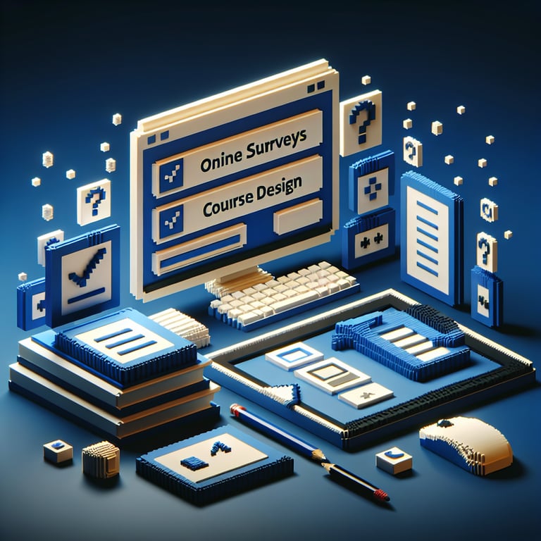 3D voxel art depicting online course design surveys on a dark blue background.