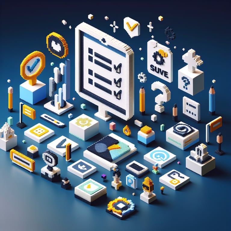 3D voxel art depicting digital citizenship survey concept on a dark blue background.