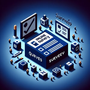3D voxel art depicting online community outreach surveys with a dark blue background.