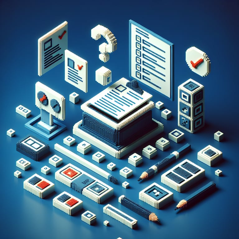 3D voxel art depicting online surveys and questions with a dark blue background.