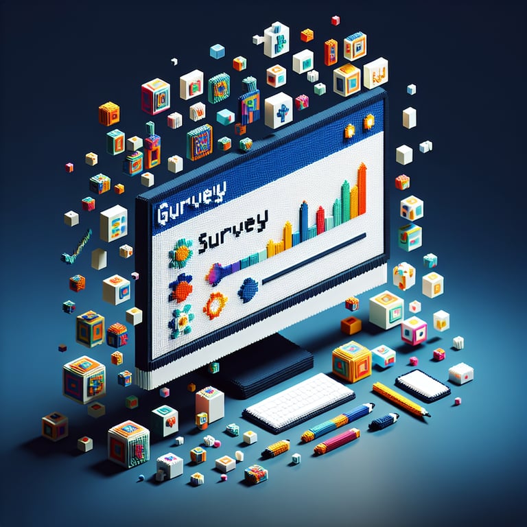 3D voxel art depicting online surveys, symbolizing growth mindset survey questions on a dark blue background.
