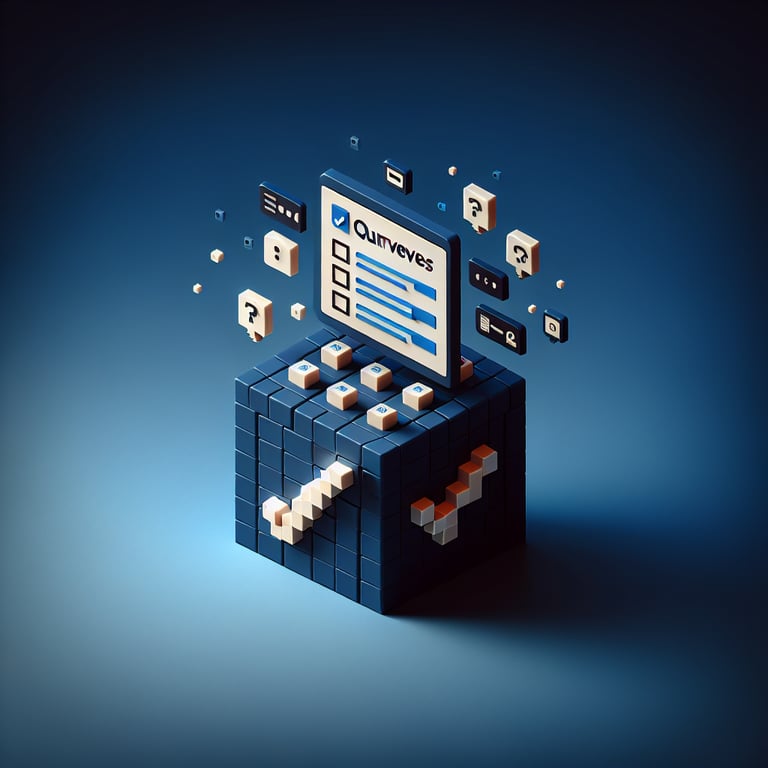3D voxel art depicting online surveys, set against a dark blue background, representing manager evaluation.
