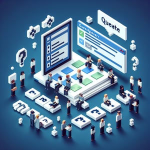 3D voxel art depicting online employee engagement survey process on a dark blue background.